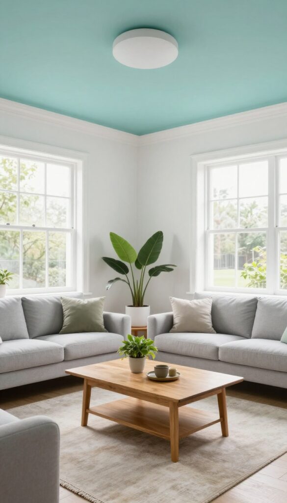 Living room with soft teal ceiling, white walls, and warm natural light