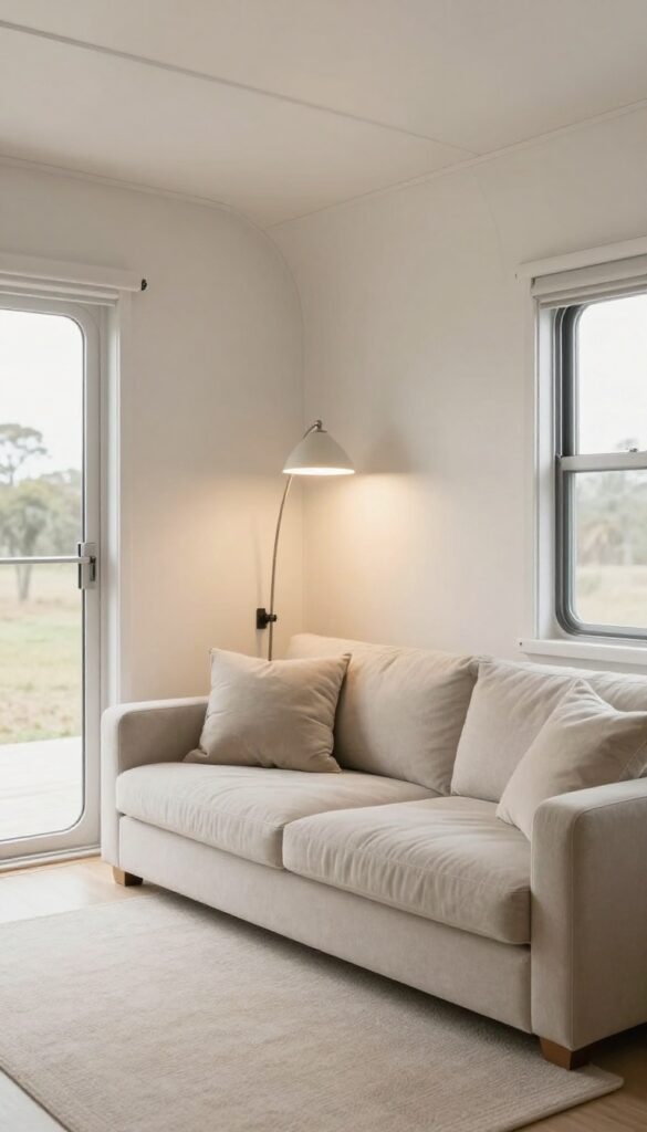 Sleek arc lamp and wall sconces in a small trailer living room