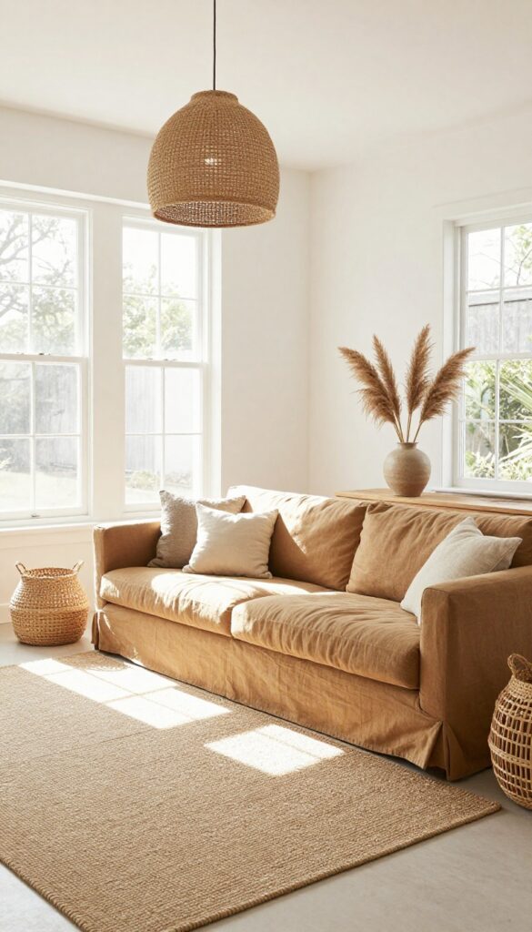 Warm white and camel living room with woven textures like sisal rug, rattan baskets, and jute pendant light.