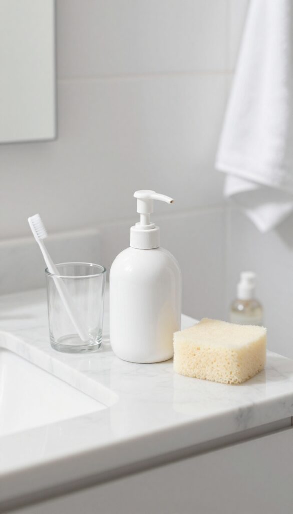 Bathroom countertop with soap dispenser and toothbrush holder being cleaned