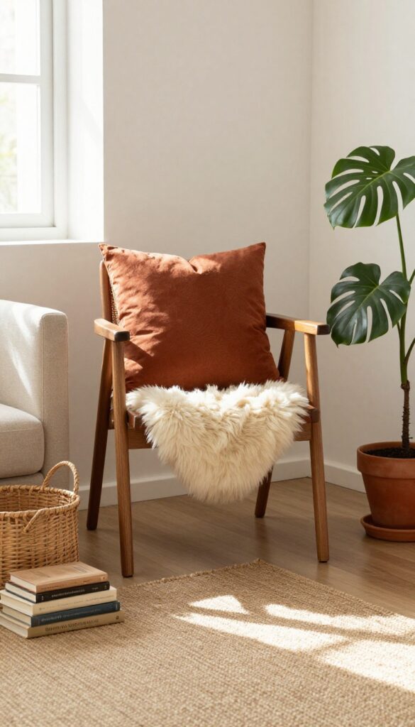 Cozy living room corner with a wooden chair draped in a cream faux fur throw, woven basket, books, and warm earthy decor.