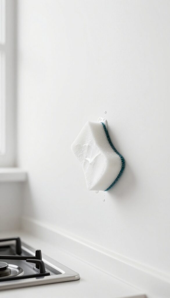 A damp magic eraser sponge removing a grease spot on a kitchen wall near the stove