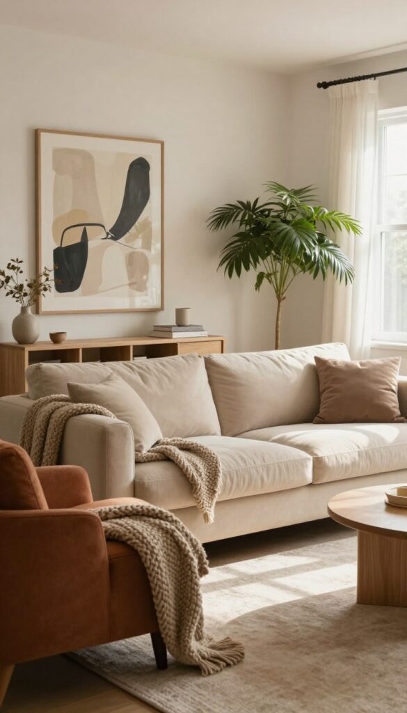 Warm living room with oversized sofa, slim console table, petite chair, chunky throw, and large art, showing scale contrast.