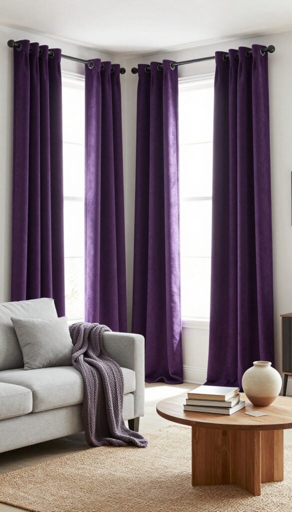 Living room with amethyst purple velvet curtains, white walls, gray sofa, jute rug, and wooden coffee table in natural light