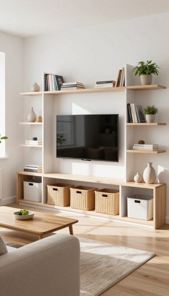 Modular shelving system with TV niche in a bright living room, featuring open shelves, books, plant, and woven baskets.