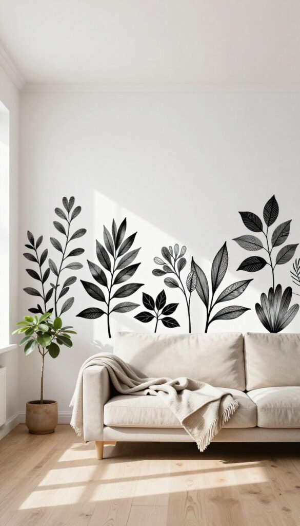 Living room with large black botanical wall decal behind sofa, minimalist Scandinavian decor, bright natural light.