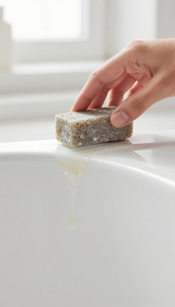 Pumice stone being used to scrub a hard water ring on a porcelain bathtub