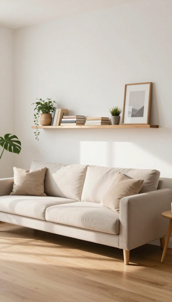 Floating shelves above a sofa with books, plants, and a basket in a light and airy living room