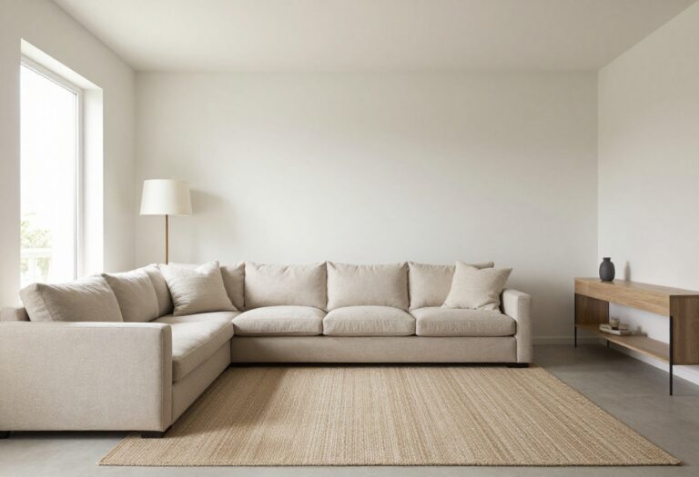 Living room with a beige low-profile sofa, jute rug, console table, and floor lamp in natural light