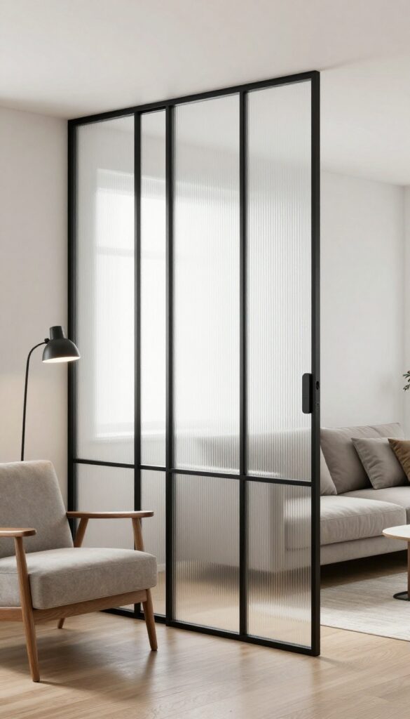 Small living room with glass-paneled partition dividing the space, frosted glass in black frame, reading nook and sofa area, bright natural light