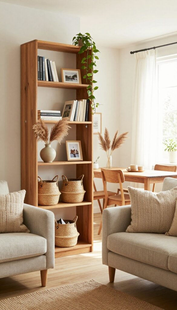 Low wooden bookshelf used as a room divider in a warm boho living room, styled with books, plants, and decor