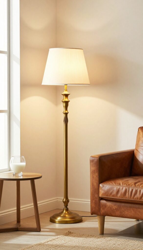Vintage brass floor lamp with sculptural base and milk glass pendant in cozy living room corner