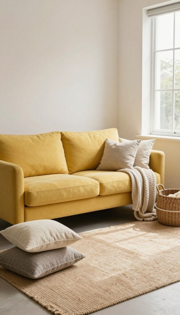 Small living room with yellow sofa, jute rug, linen pillows, and woven basket, bright natural light.