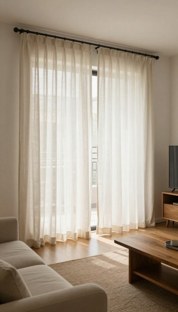 Cozy living room with sheer curtains framing a TV on a flat wall, soft natural light, warm decor
