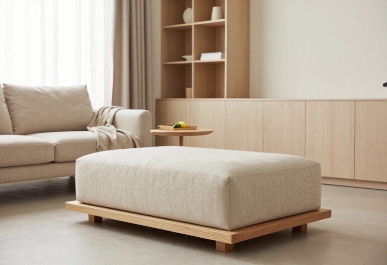 Modern living room with hidden storage solutions, including a storage ottoman and built-in cabinets, in a warm and cozy style.