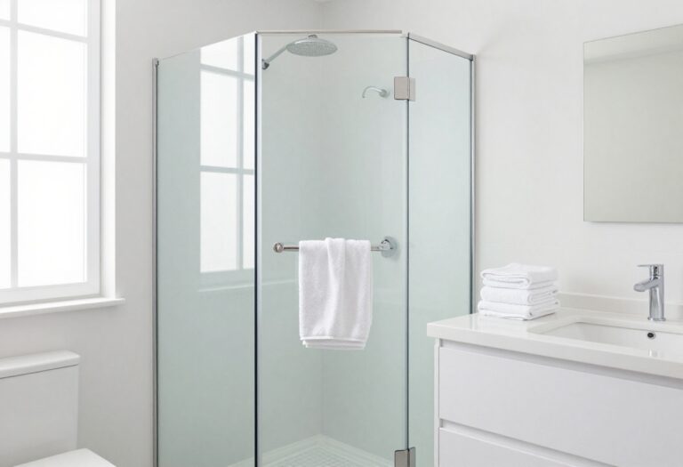 Clean bathroom with sparkling shower and organized counter