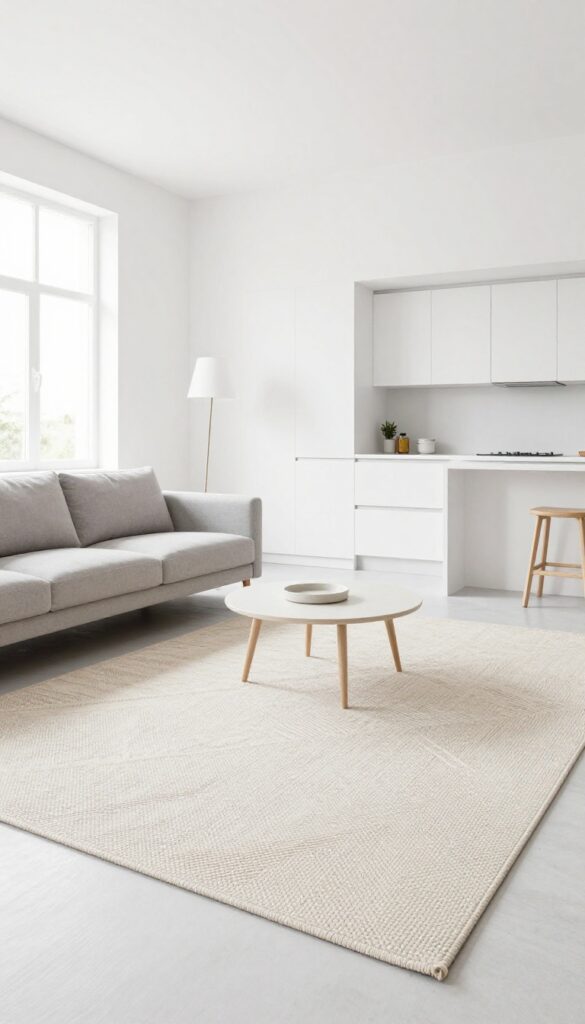 Open-plan studio with a large geometric rug defining the living area, sofa and coffee table on rug, kitchen in background, bright natural light