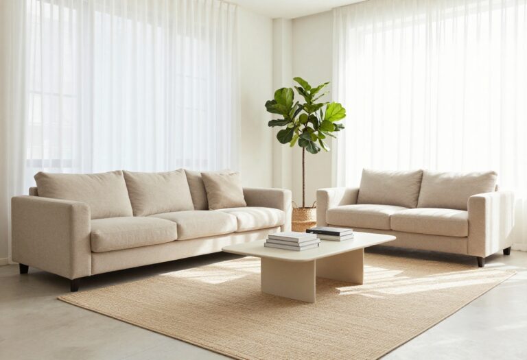 Modern minimalist living room with neutral decor, large windows, and a cozy seating area