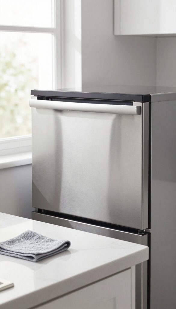 Clean stainless steel dishwasher exterior with microfiber cloth, bright kitchen setting