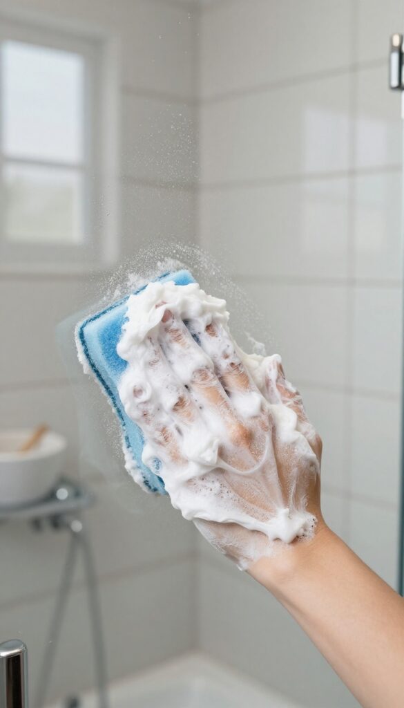 Applying baking soda paste to stubborn spots on glass shower door