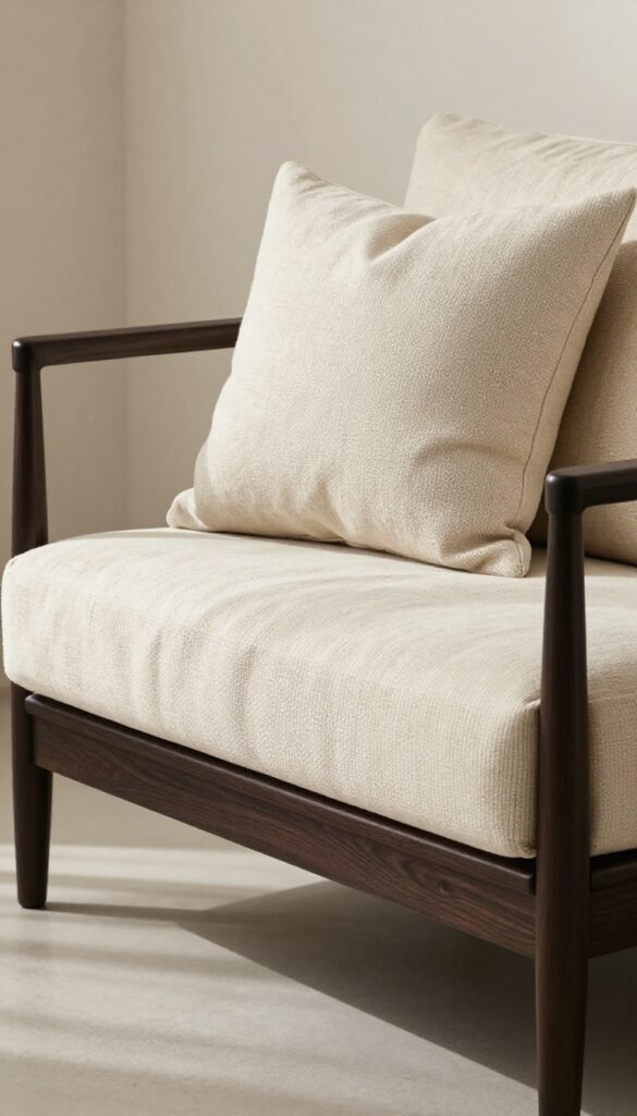Dark wood sofa with chunky knit throw and linen pillows in a bright, cozy living room