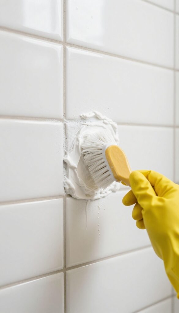 A hand applying baking soda paste to grout lines on bathroom tiles with a brush.