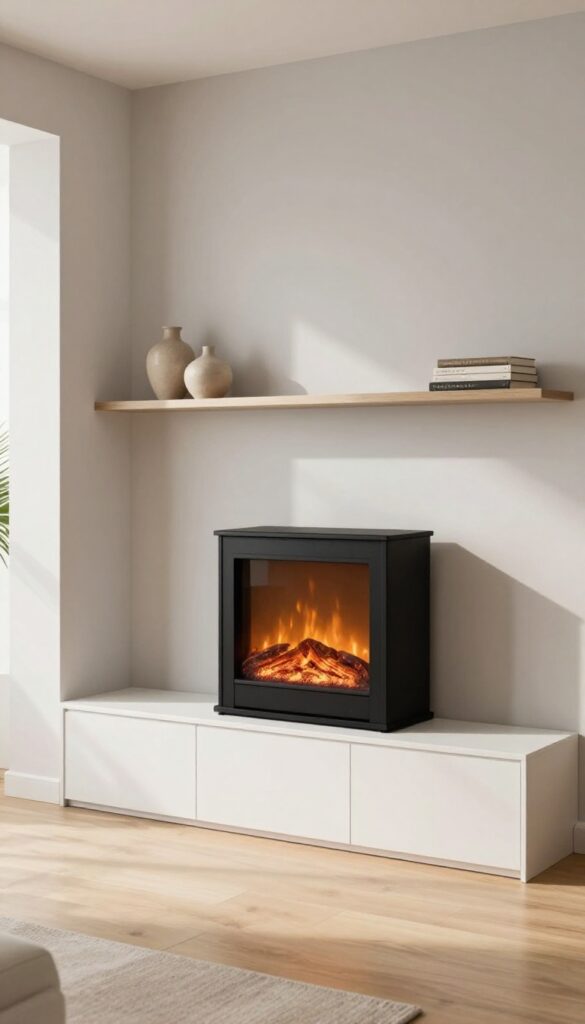 Minimalist electric fireplace with low base cabinets and floating shelf in a bright living room
