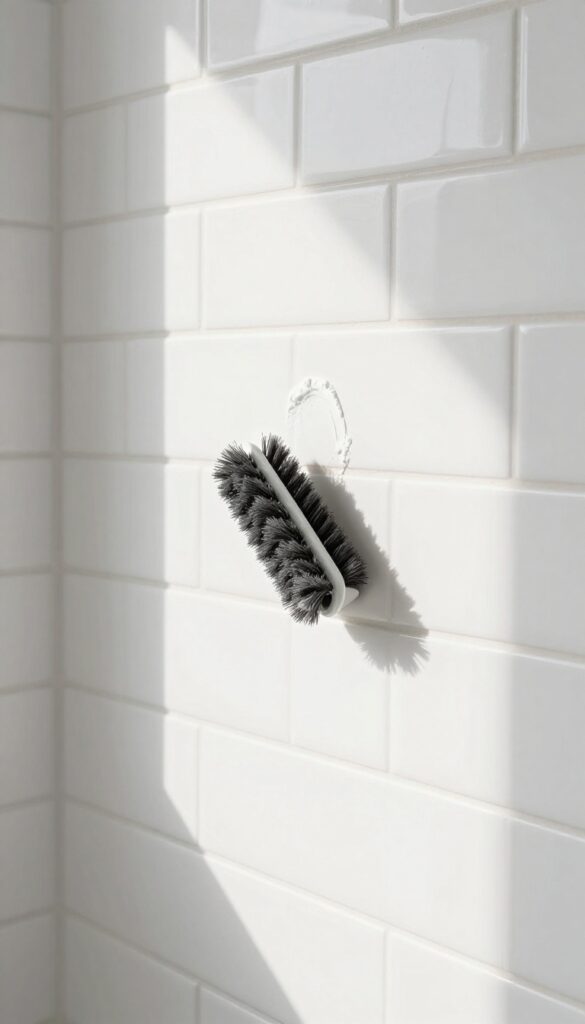 Close-up of clean bathroom tiles with a grout brush and baking soda paste, bright natural light, photorealistic.