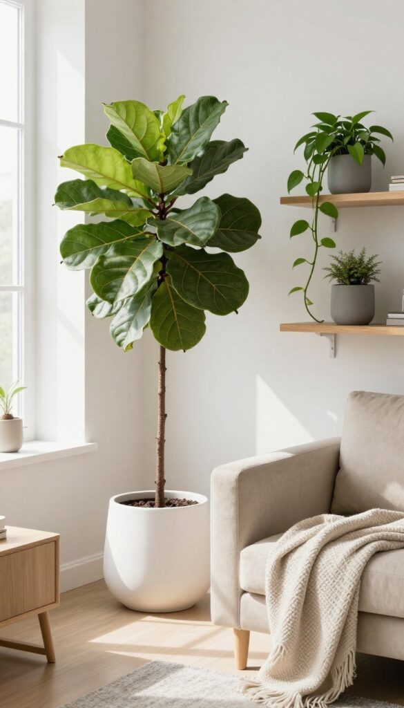 Modern living room with tall fiddle-leaf fig in matte white planter and trailing pothos on shelf, natural light, cozy layered feel