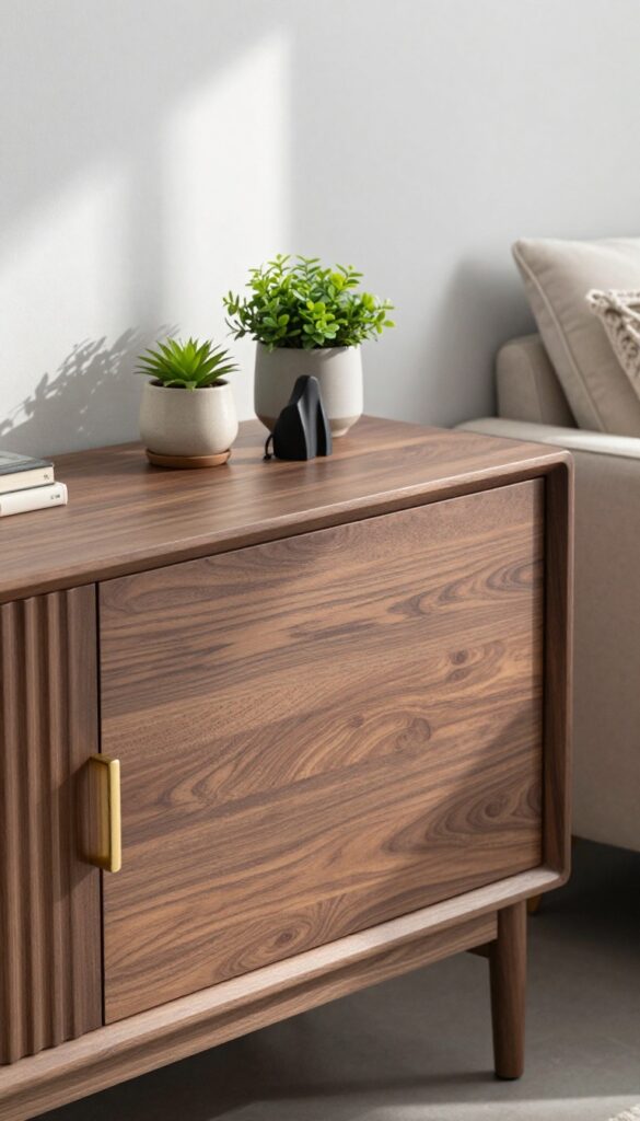 Dark walnut media console with brass handles, books, plant, and sculptural decor in a bright cozy living room.