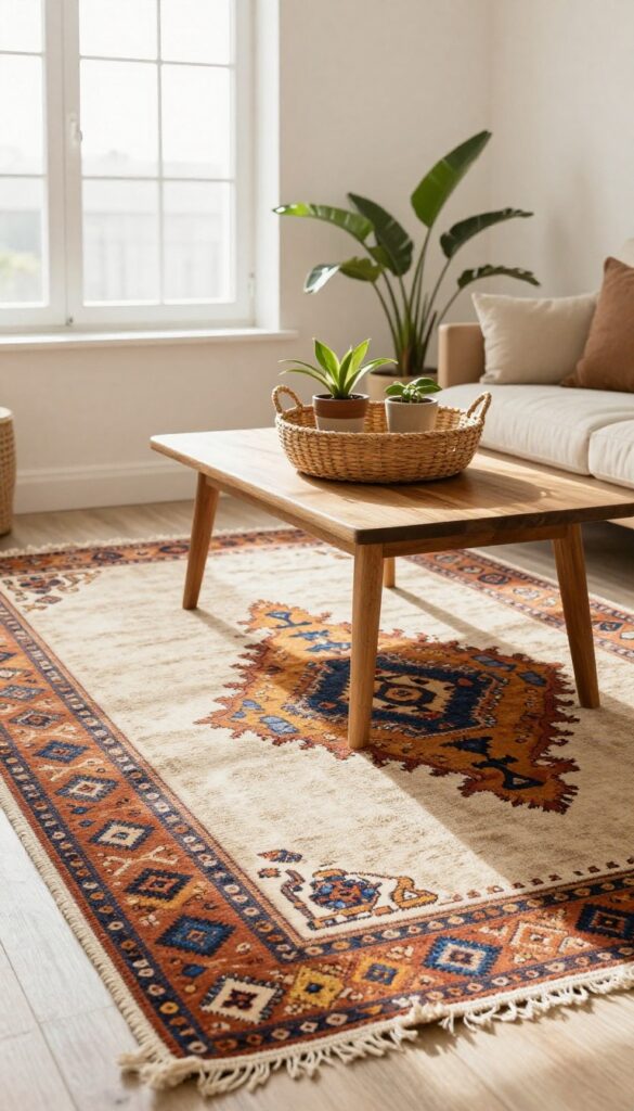 Bohemian living room with layered kilim rug over neutral carpet, warm earthy tones, natural light, cozy vibe