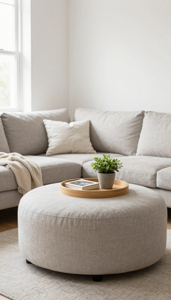 A round ottoman with a tray serving as a coffee table in a small living room