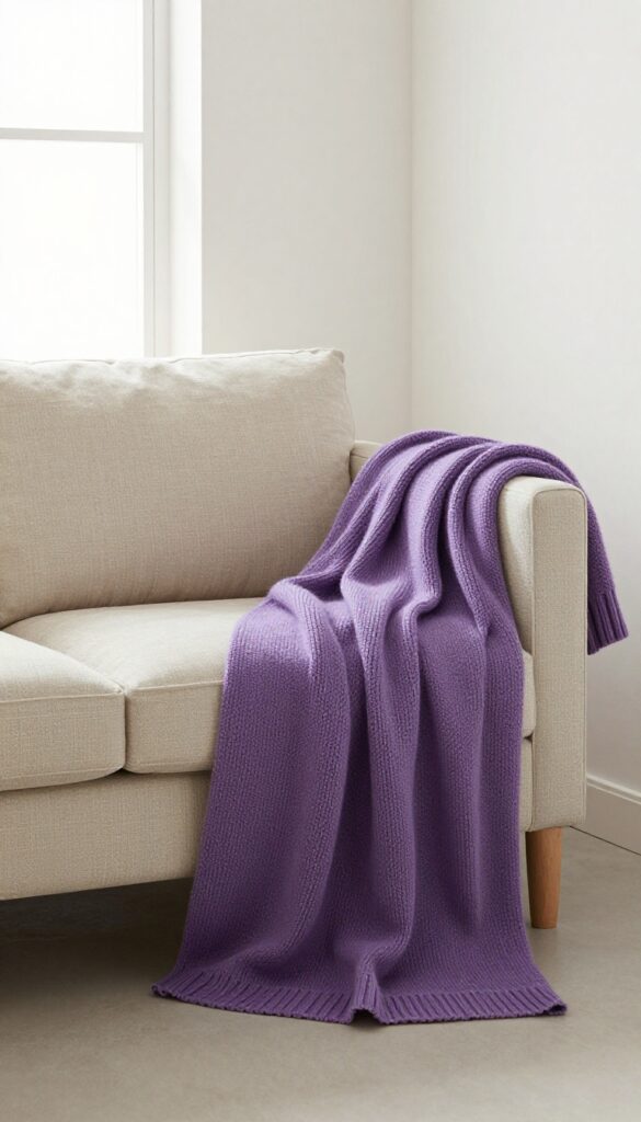 Purple throw blanket draped over a neutral armchair in a bright living room