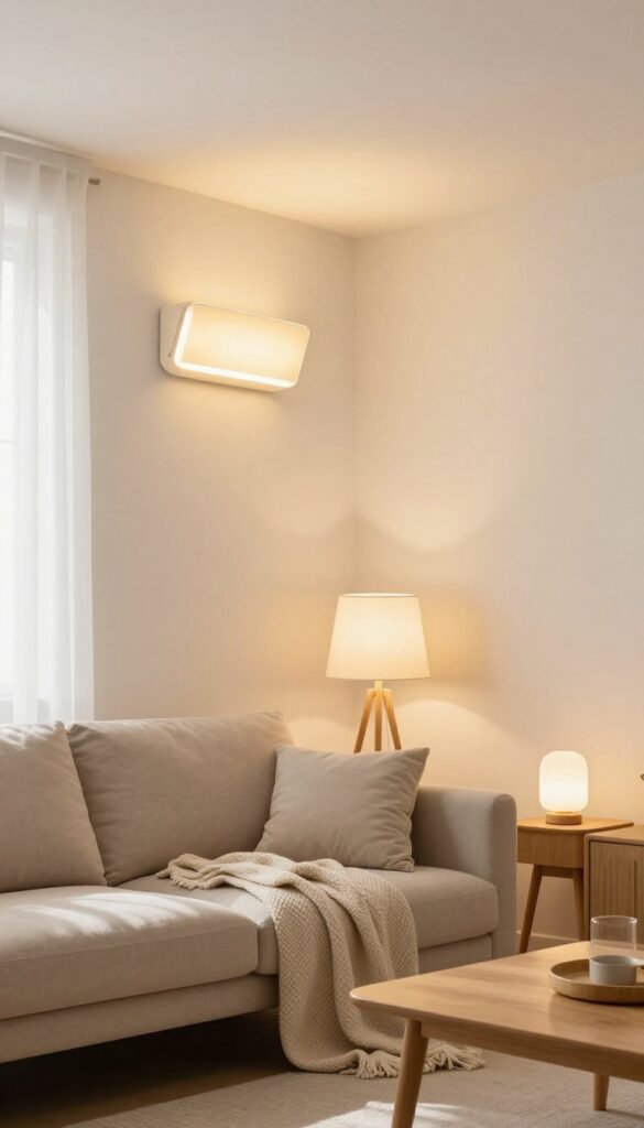 Cozy living room with layered lighting from FLOALT panels and floor lamp