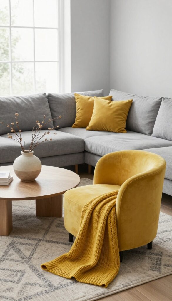 Modern gray living room with silver gray walls, mustard yellow armchair and pillows, natural light, clean composition