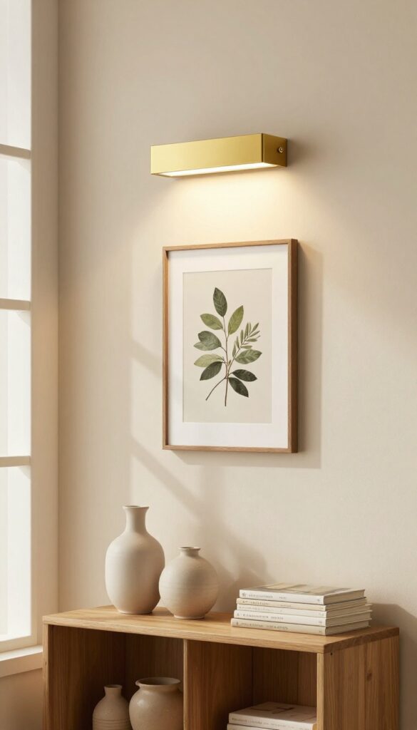Warm living room with brass picture light above framed art and styled shelf, cozy lighting.