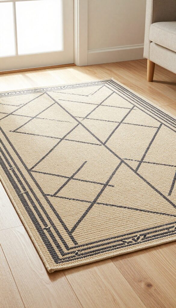 Low-profile flatweave rug in a doorway of a small living room, showing its flush fit and durability in high-traffic areas.