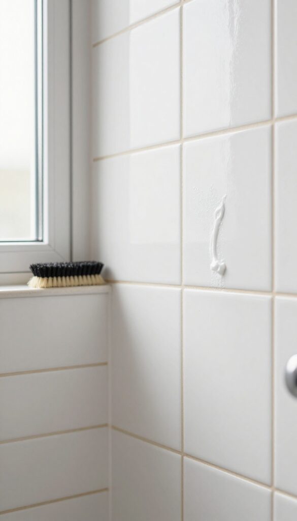 Cleaning colored grout in shower with oxygen bleach paste and soft brush
