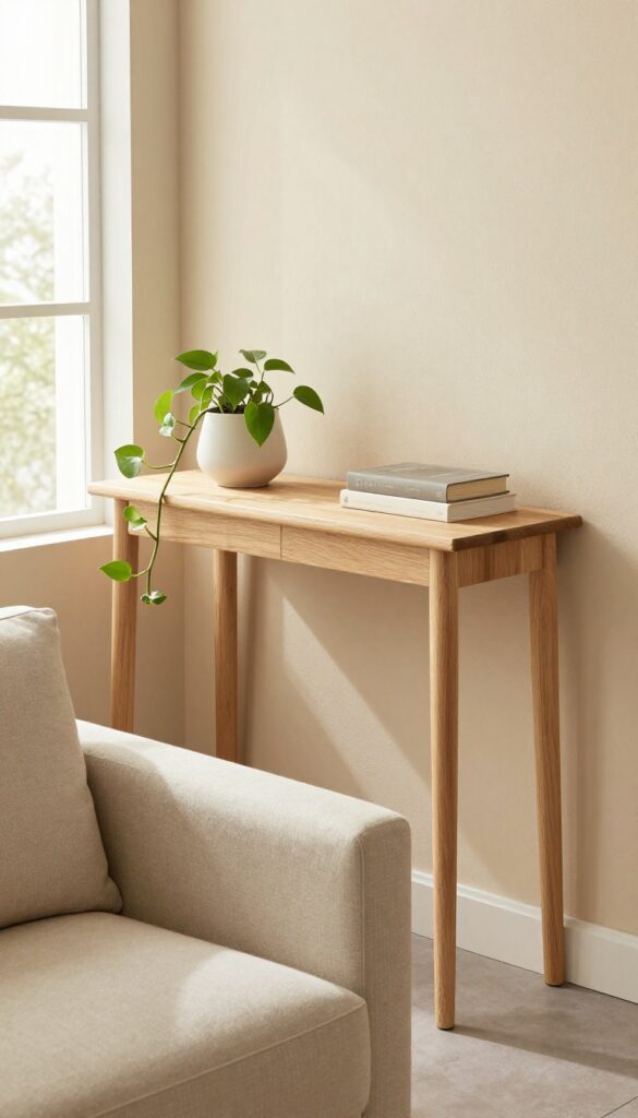 Low-profile console table behind beige sofa with lamp, plant, and books in warm cozy living room