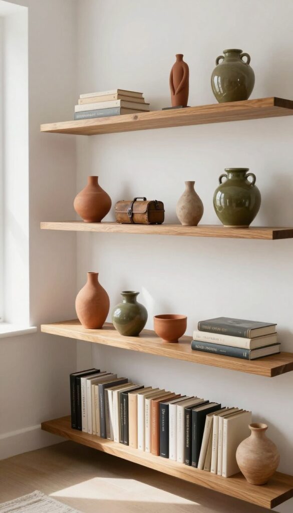 Living room shelf with personal mementos, books, and pottery in earthy tones, styled intentionally with odd-number groupings and natural light.