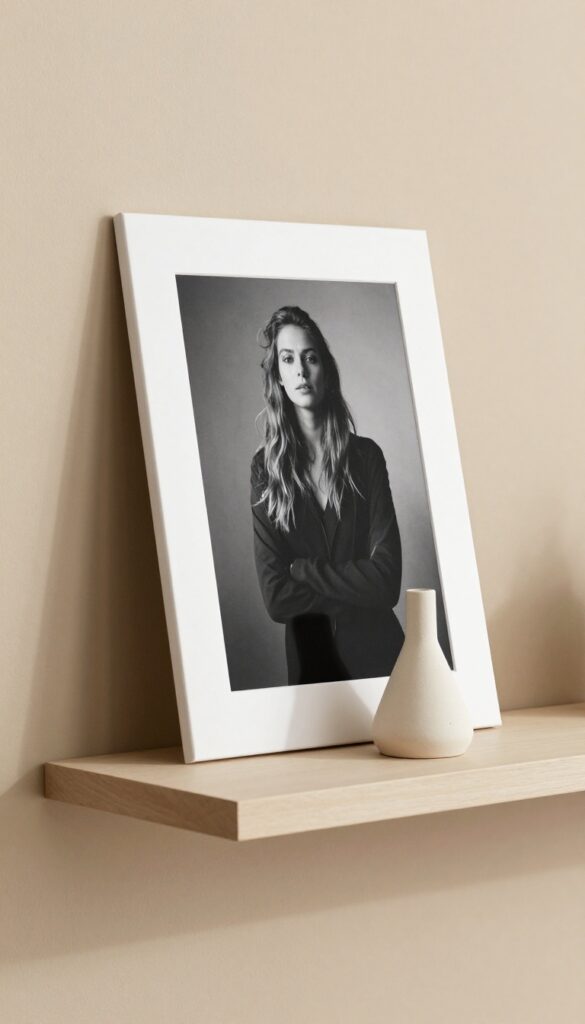 Layered art on a shelf with a small ceramic sculpture in front, creating depth and a curated look.