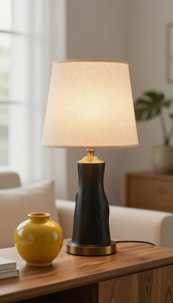 Thrifted brass lamp with linen shade on console table, warm glow, living room decor