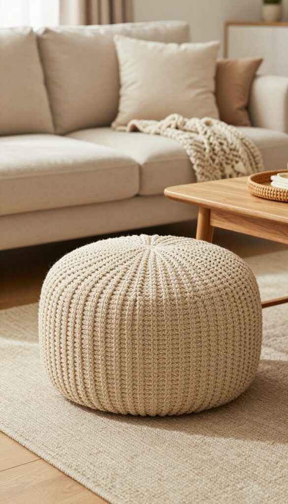Cozy living room with a textured woven pouf beside a coffee table, warm natural light, neutral decor.