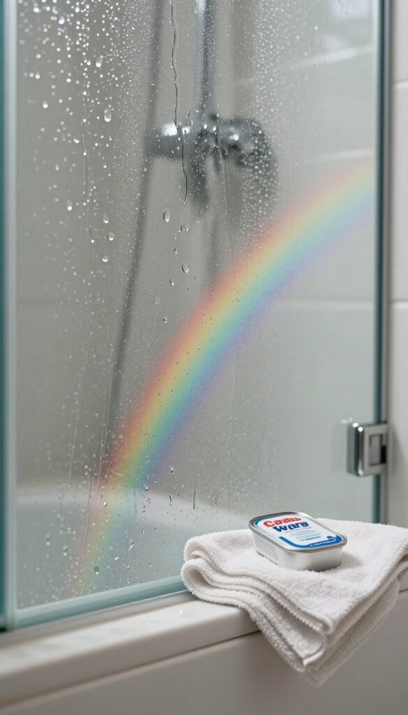 Close-up of shower glass door treated with car wax, showing water beading and streak-free shine, with car wax tin and microfiber cloth nearby.