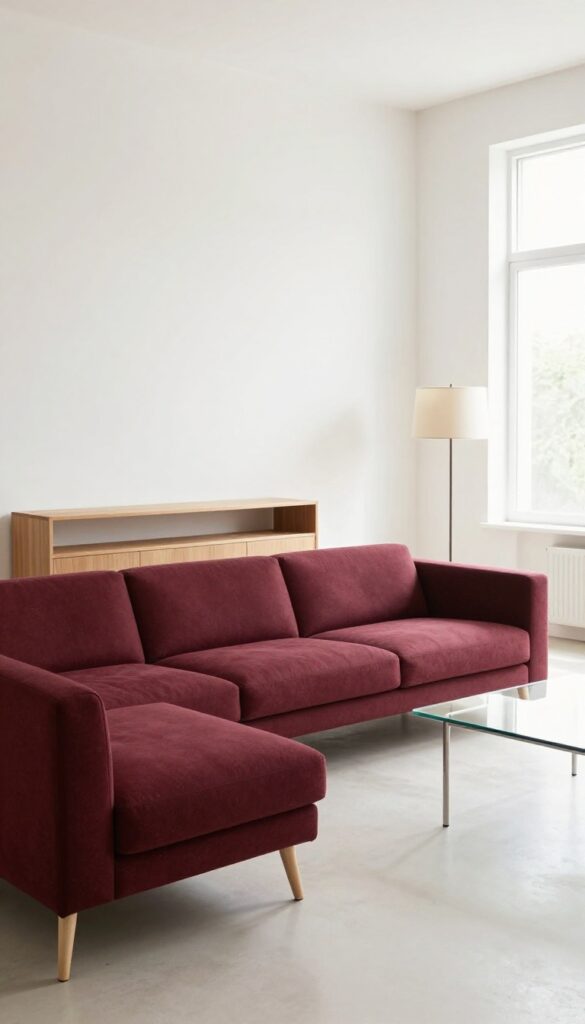 Bright living room with burgundy sofa, low pale wood console, slim armchair, glass coffee table, and floor lamp, airy and uncluttered.