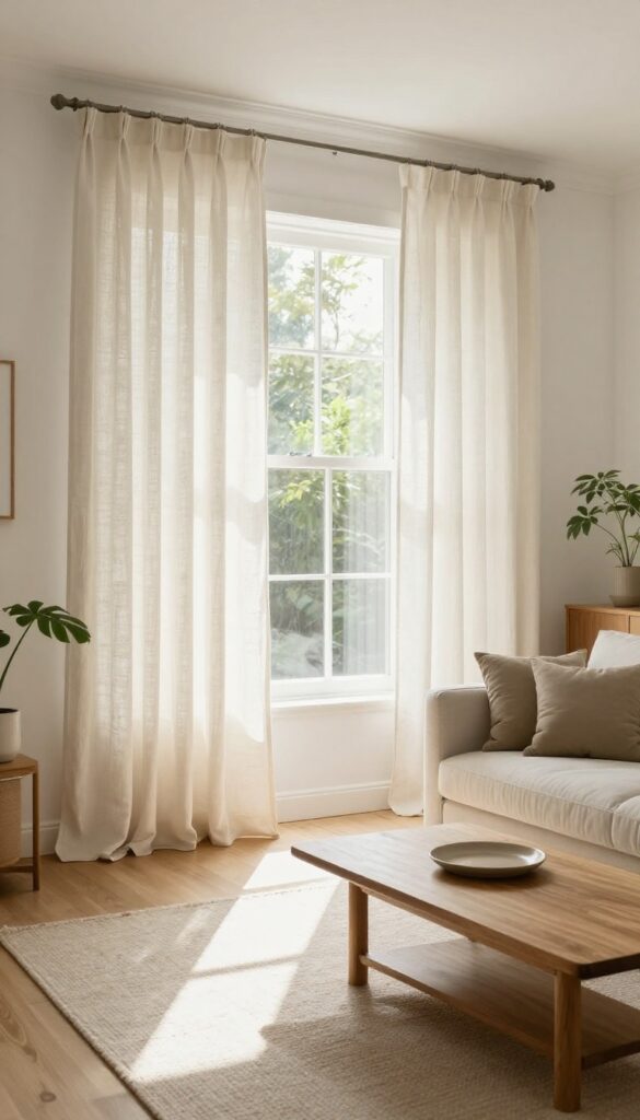 Living room with floor-to-ceiling linen curtains hung near the ceiling, making the room appear taller and more polished.