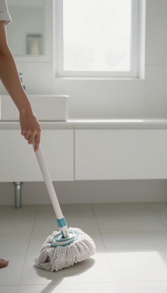 A person mopping a clean bathroom floor with a microfiber mop, bright natural light, no text.