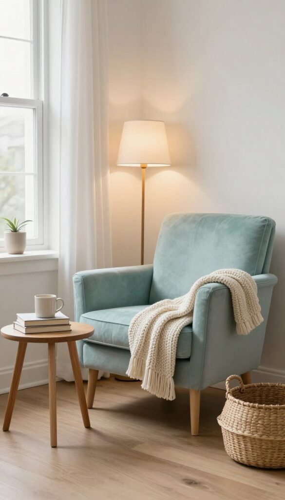Cozy reading nook in a living room corner with plush armchair, side table, floor lamp, throw blanket, and basket, bathed in natural light.