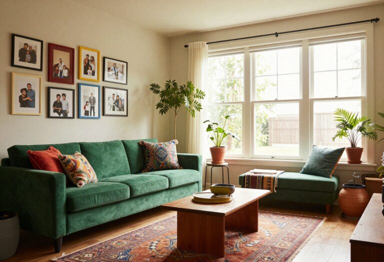 Indian living room with emerald sofa, colorful cushions, layered rug, plants, and family photo gallery wall.