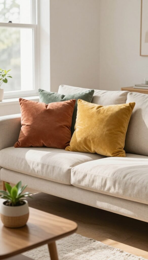 Living room sofa with three throw pillows in terracotta, sage green, and mustard yellow